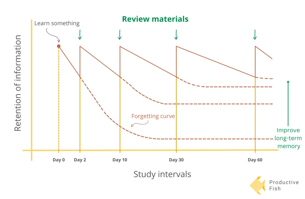 Forgetting curve diagram signifying how repeated learning helps solidifying memories