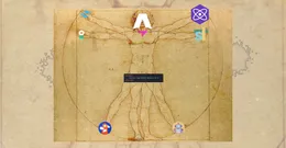 A Vitruvian man with head as Astro logo and Penis as Vanilla JS script holding Tailwind, Daisy, Preact and Shiki, with legs as Lighthouse & Robots.txt logo